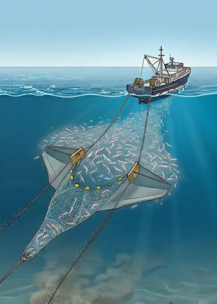 Ilustración técnica de un buque factoría en la Antártida utilizando el sistema de arrastre pelágico; se observa la red de pesca (bolsa) sumergida capturando cardúmenes de krill bajo el nivel del mar.