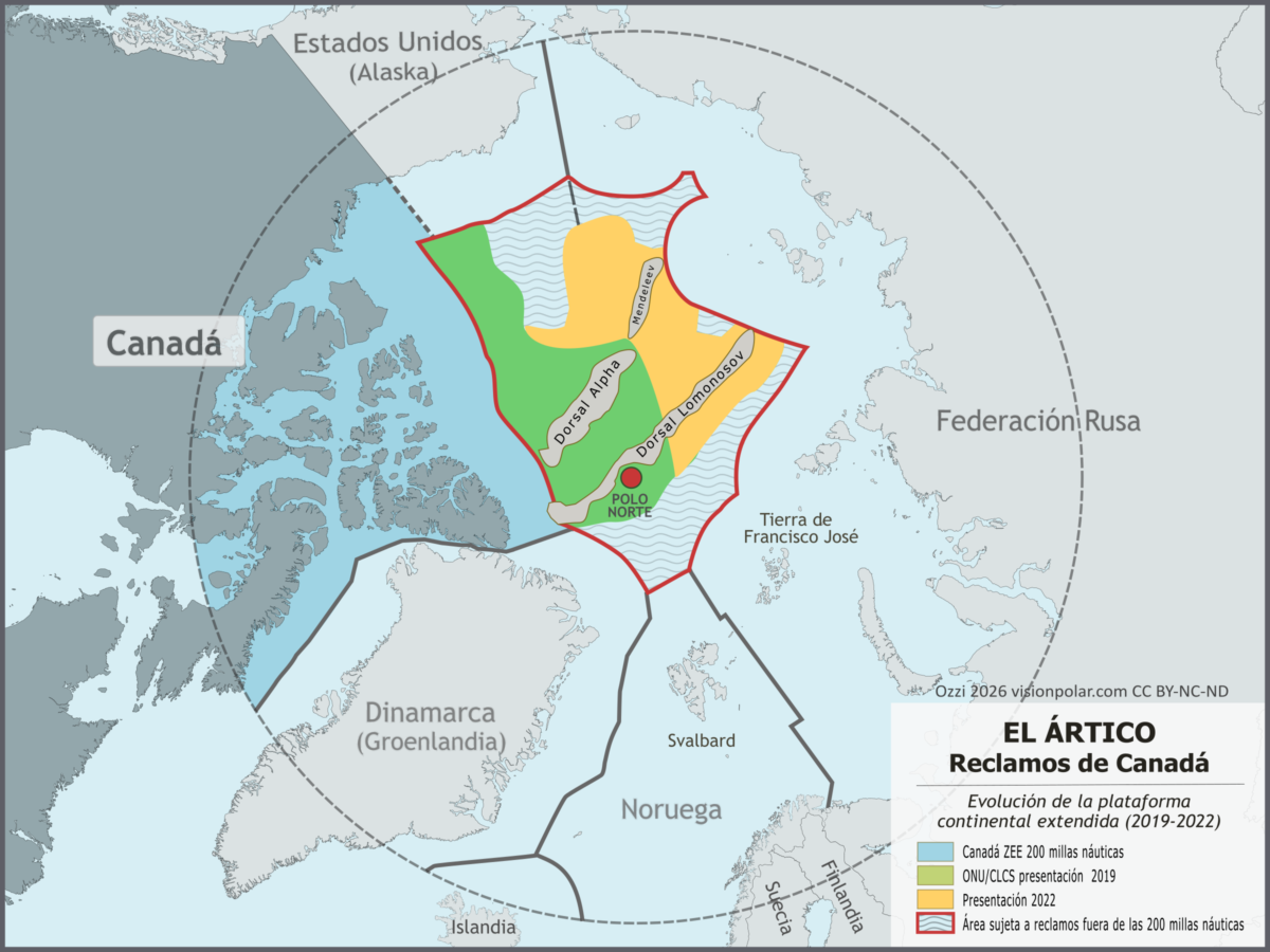 Mapa de la solicitud de Canadá ante la ONU para extender su plataforma continental en el Océano Ártico, cubriendo el Polo Norte y la Dorsal de Lomonosov.