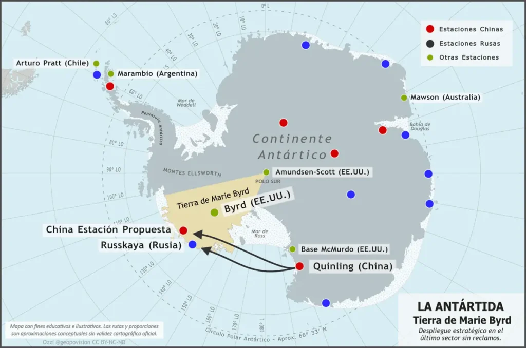 Mapa de las bases Qinling y Russkaya en la Tierra de Marie Byrd.