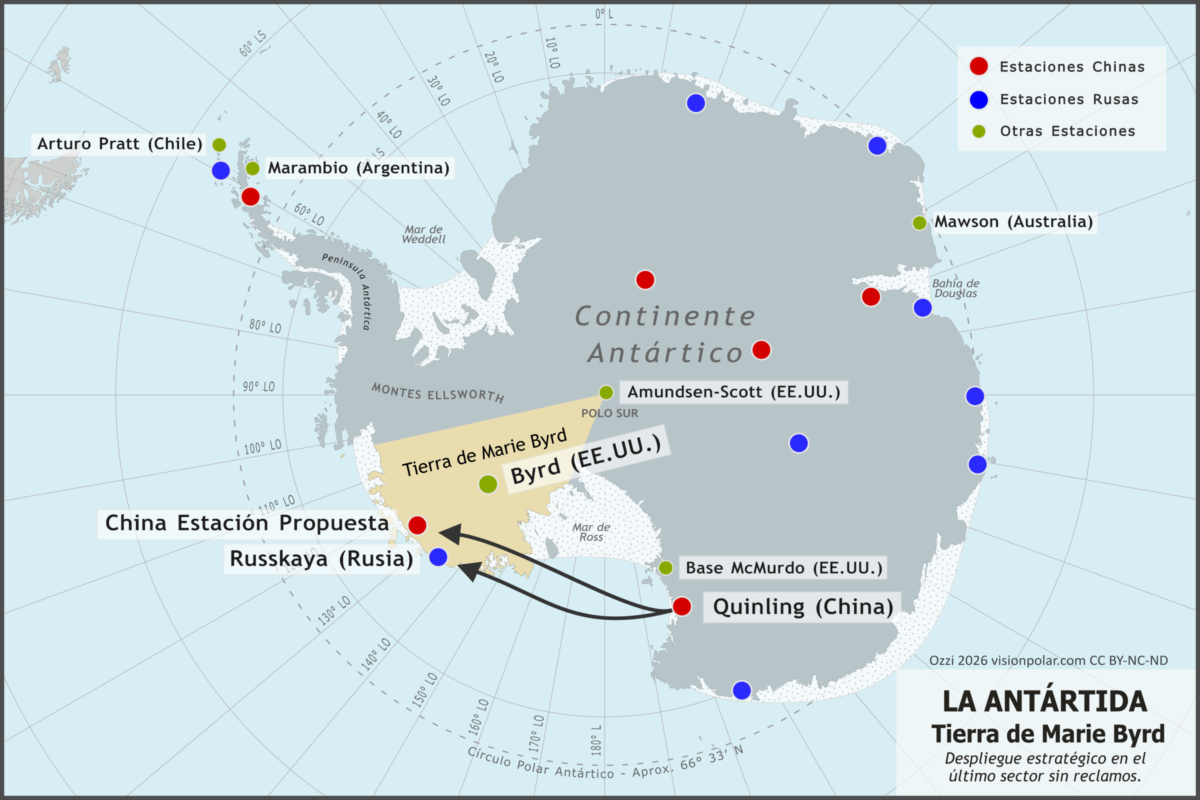 Mapa de las bases Qinling y Russkaya en la Tierra de Marie Byrd.