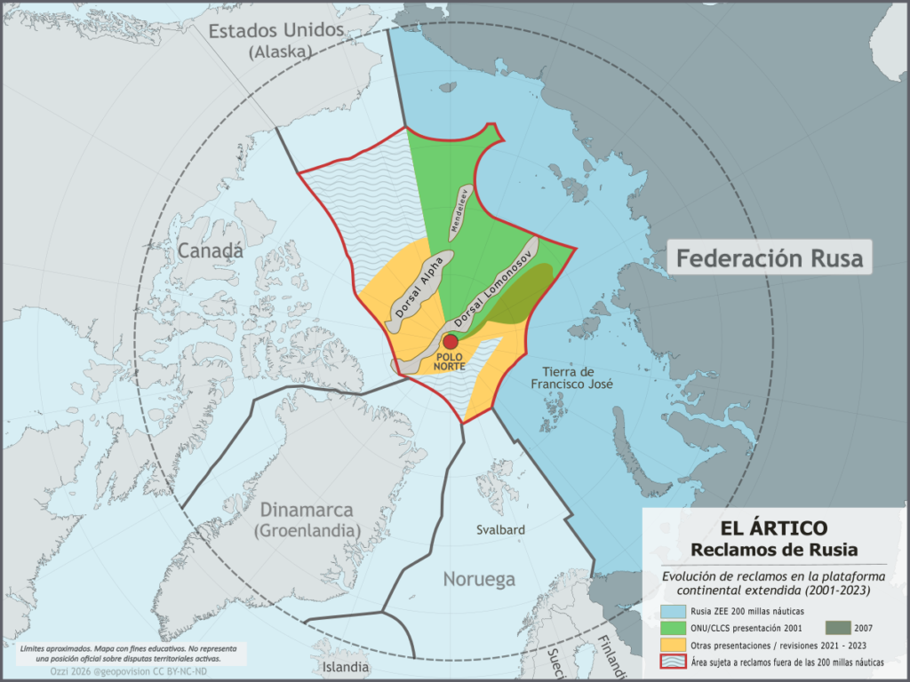 Mapa detallado de las fronteras reclamadas por Rusia en el Océano Ártico, incluyendo la extensión de su plataforma continental hacia el Polo Norte.