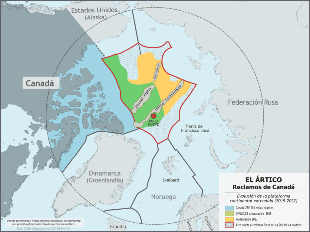 Mapa de la solicitud de Canadá ante la ONU para extender su plataforma continental en el Océano Ártico, cubriendo el Polo Norte y la Dorsal de Lomonosov.