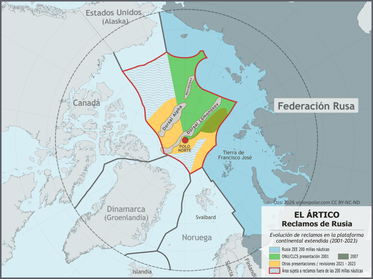 Mapa detallado de las fronteras reclamadas por Rusia en el Océano Ártico, incluyendo la extensión de su plataforma continental hacia el Polo Norte.