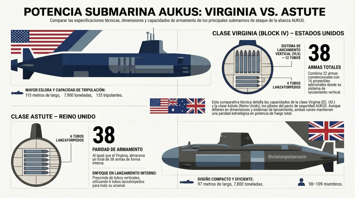 Infografía comparativa de los submarinos nucleares de ataque clase Virginia (Estados Unidos) y clase Astute (Reino Unido), los dos pilares submarinos de la alianza AUKUS, mostrando dimensiones, sistemas de lanzamiento y capacidad de armamento.