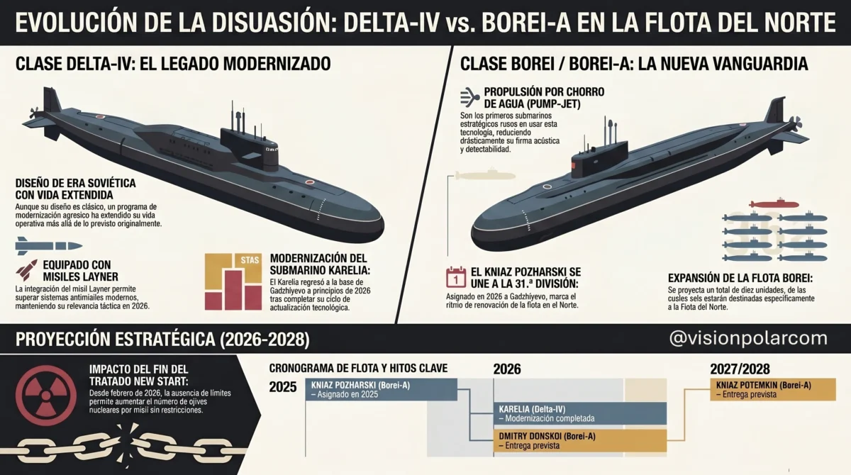 Infografía comparativa de los submarinos de misiles balísticos Delta-IV y Borei-A de la Flota del Norte rusa, mostrando las diferencias tecnológicas entre ambas clases y el cronograma de entregas previstas para 2025-2028.