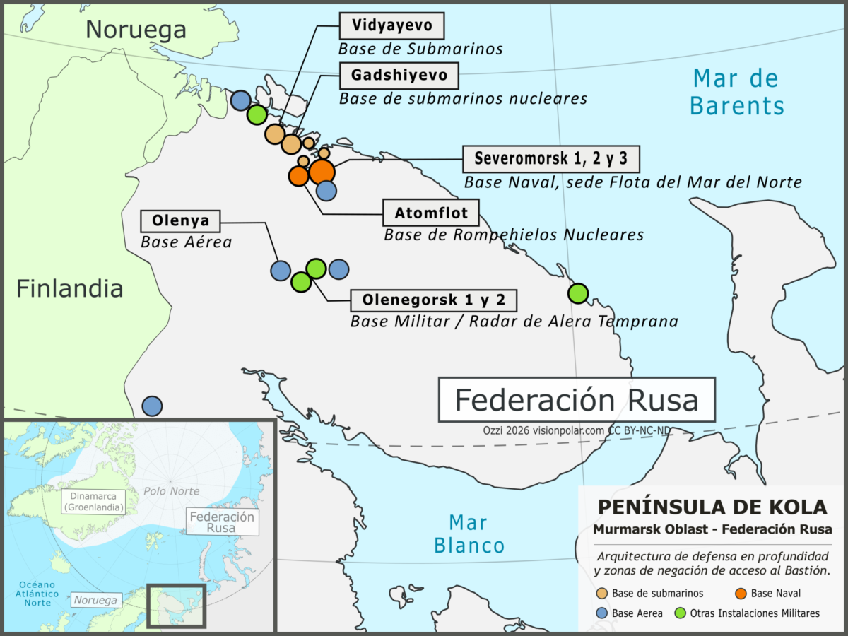 Mapa de la península de Kola mostrando las principales instalaciones militares rusas: Gadzhíyevo (base de submarinos nucleares), Severomorsk (cuartel general de la Flota del Norte), Olenya (base aérea), Atomflot (base de rompehielos nucleares) y Olenegorsk (radar de alerta temprana).