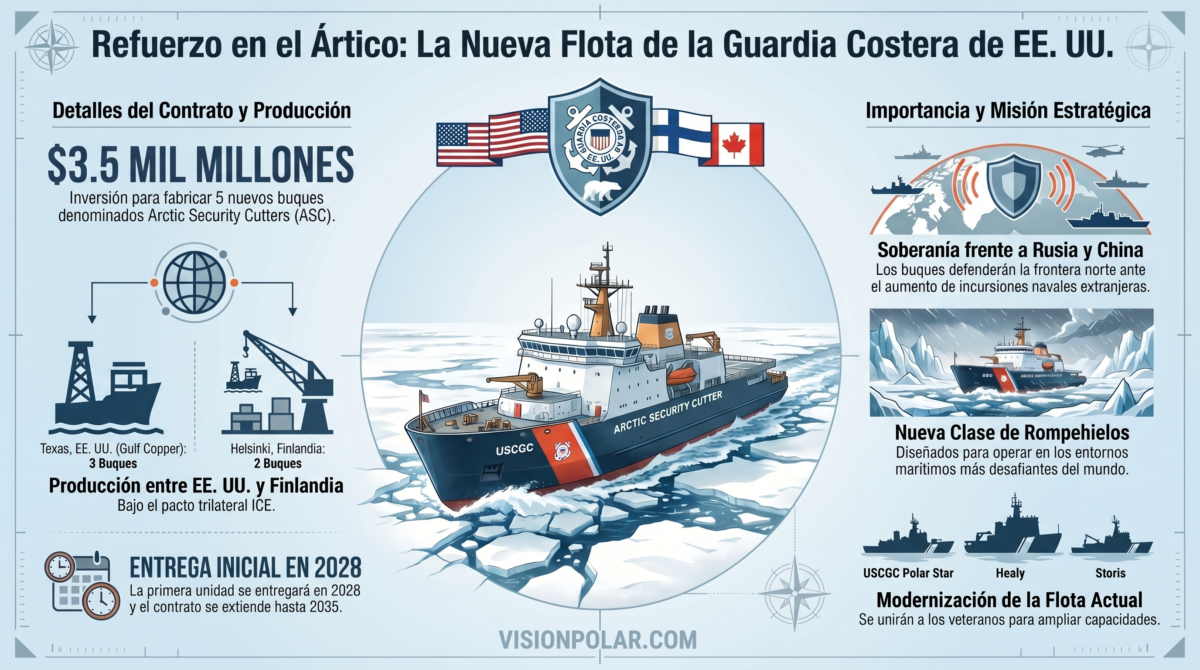 Infografía técnica del contrato de los nuevos Arctic Security Cutters de la Guardia Costera de EE. UU. 2026.