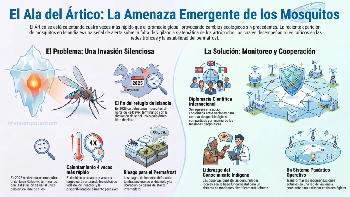 Infografía sobre la llegada de mosquitos a Islandia en 2025, con mapa dividido en zonas con y sin mosquitos, datos de calentamiento ártico y el rol del insecto como bioindicador climático.
