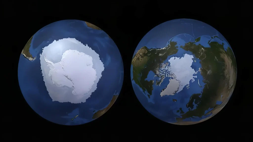 Imágenes satelitales de la NASA que muestran la Antártida como un continente cubierto de hielo rodeado de océano (izquierda) y el Ártico como un océano helado rodeado de tierra (derecha).