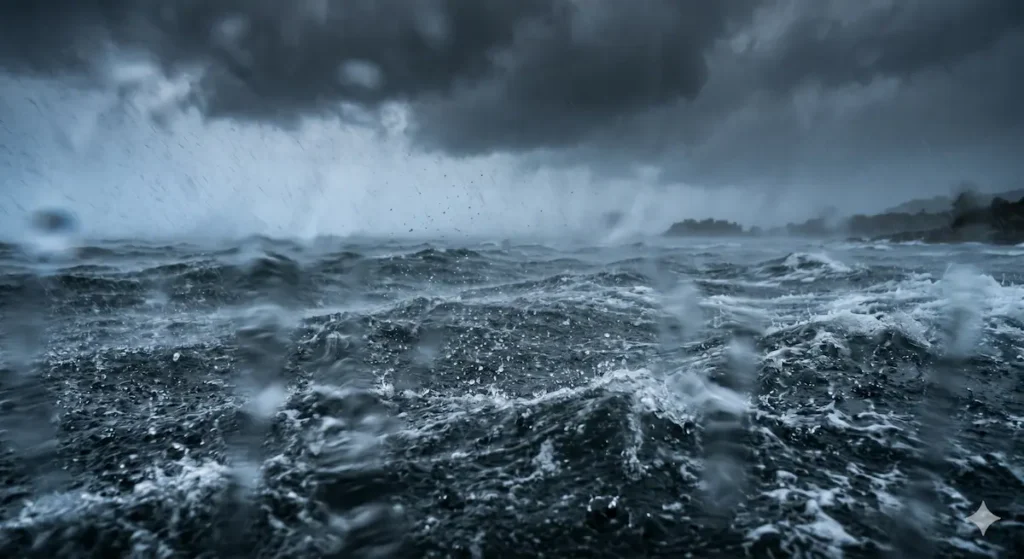 Aguas turbulentas del Atlántico Norte bajo un cielo tormentoso.