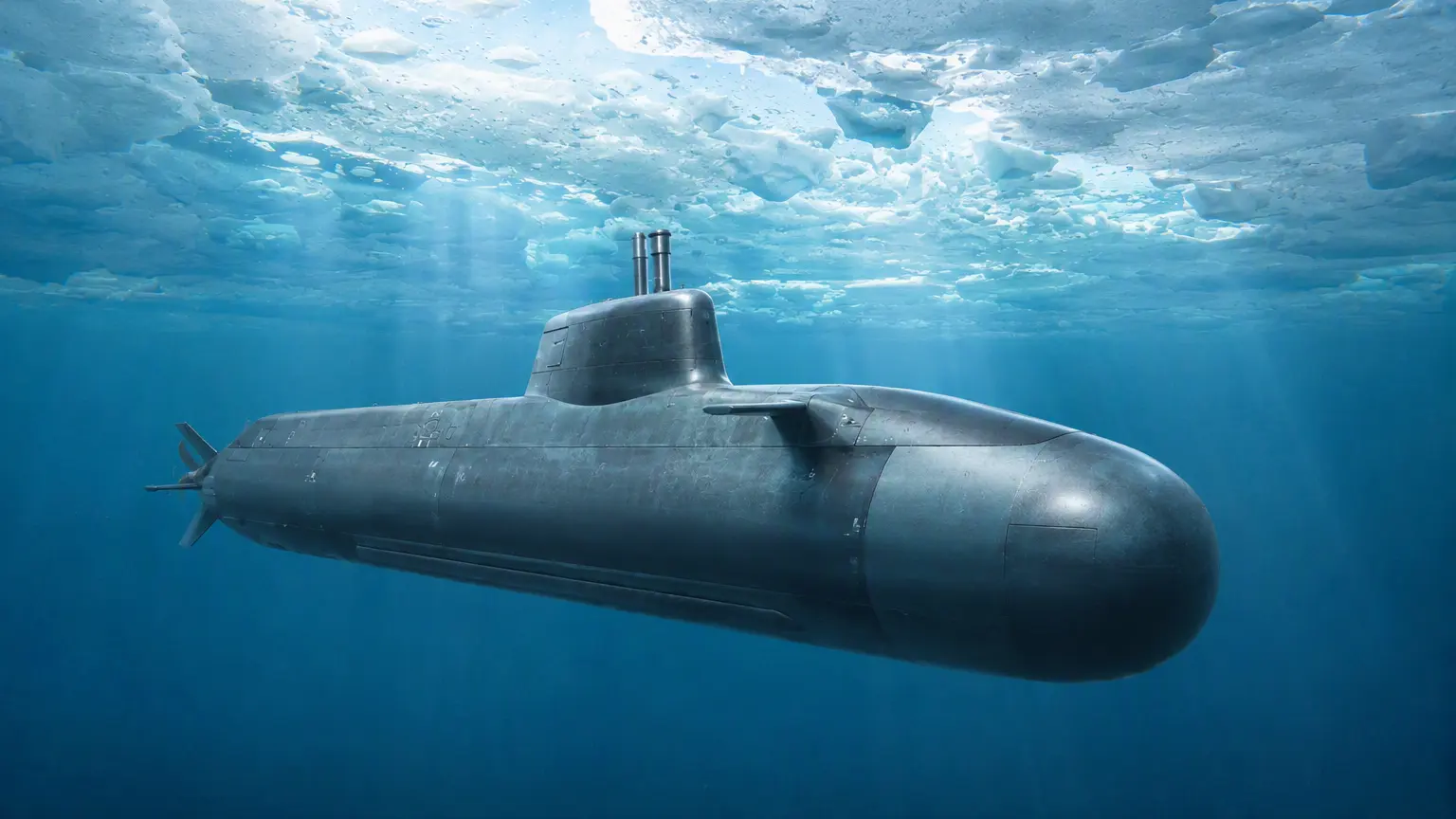 Ilustración de un submarino navegando sumergido bajo la capa de hielo del océano Ártico.