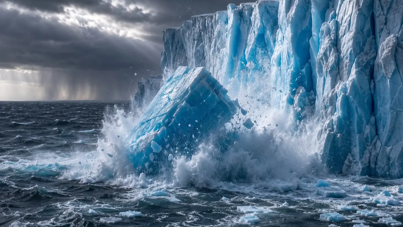 Frente de un glaciar antártico desprendiéndose sobre el océano Austral bajo un cielo tormentoso.