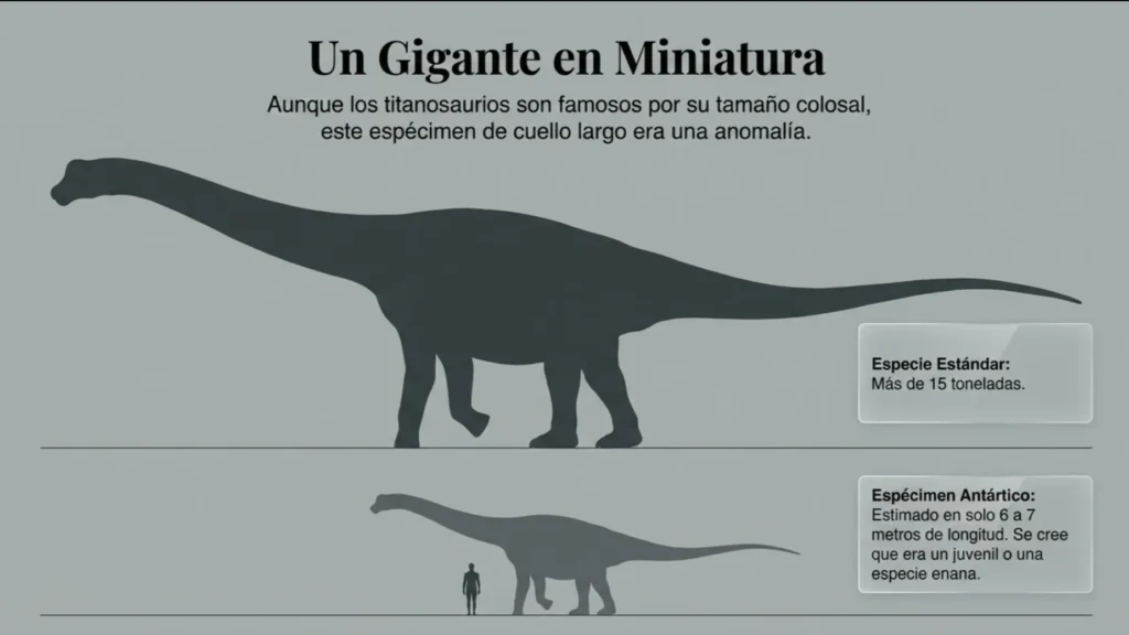 Infografía comparativa de tamaño entre un titanosaurio estándar de más de 15 toneladas y el ejemplar antártico de 6 a 7 metros, junto a la silueta de una persona.