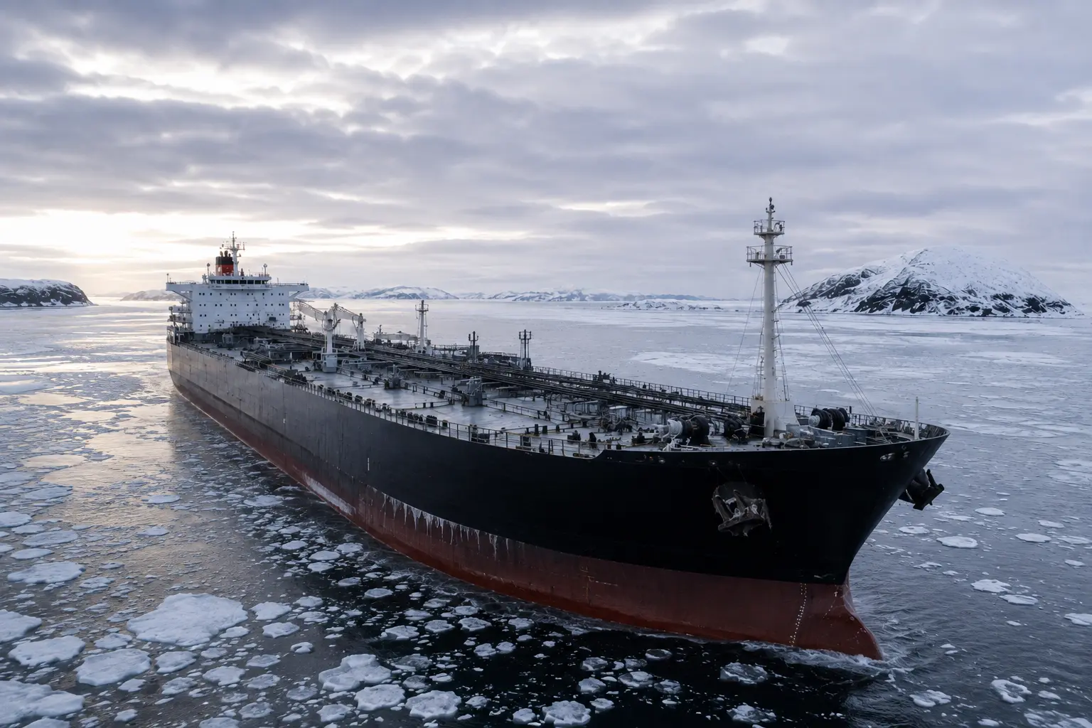 Ilustración de un petrolero navegando entre placas de hielo en aguas árticas.