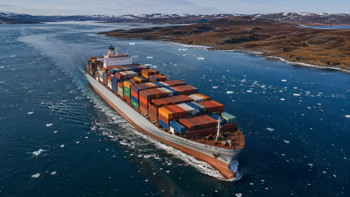 Portacontenedores cruzando aguas árticas con placas de hielo dispersas y costa nevada al fondo.