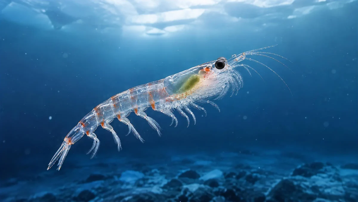 Ilustración de un krill antártico (Euphausia superba) en aguas del Océano Austral.