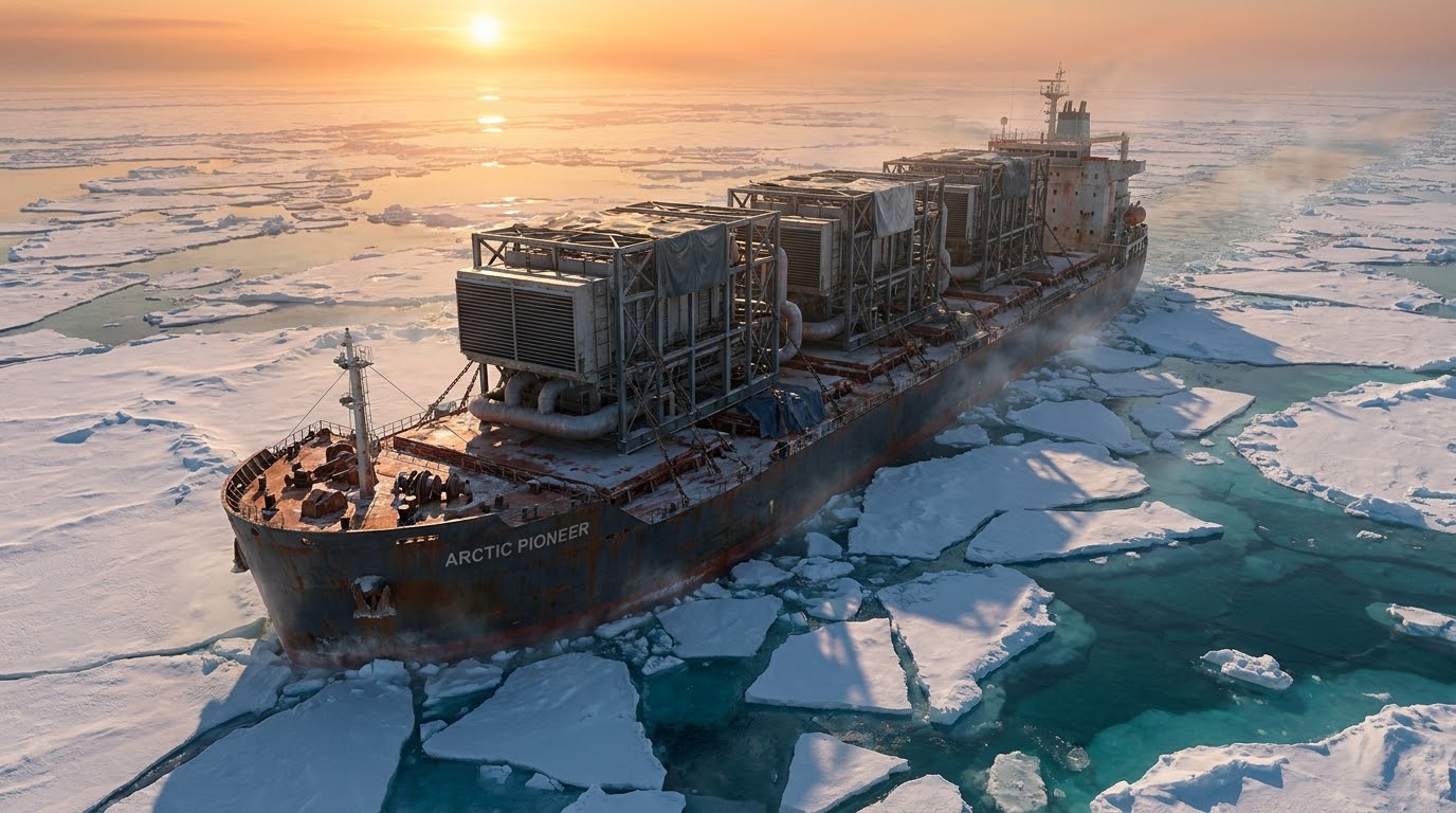 Ilustración de un buque de carga con módulos industriales navegando entre hielo ártico al atardecer.