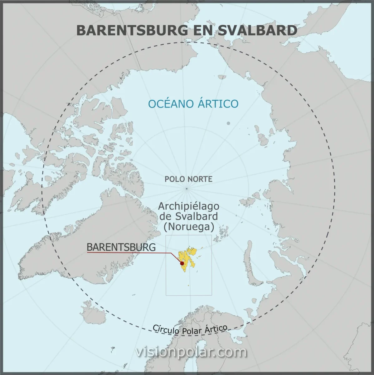 Mapa del Ártico que ubica Barentsburg en el archipiélago de Svalbard, Noruega.