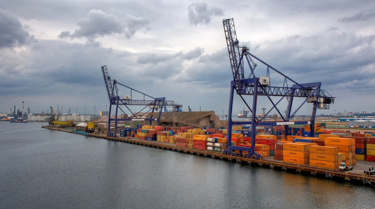 Grúas pórtico y contenedores apilados en la terminal de contenedores de Teesport, a orillas del río Tees, en el noreste de Inglaterra.