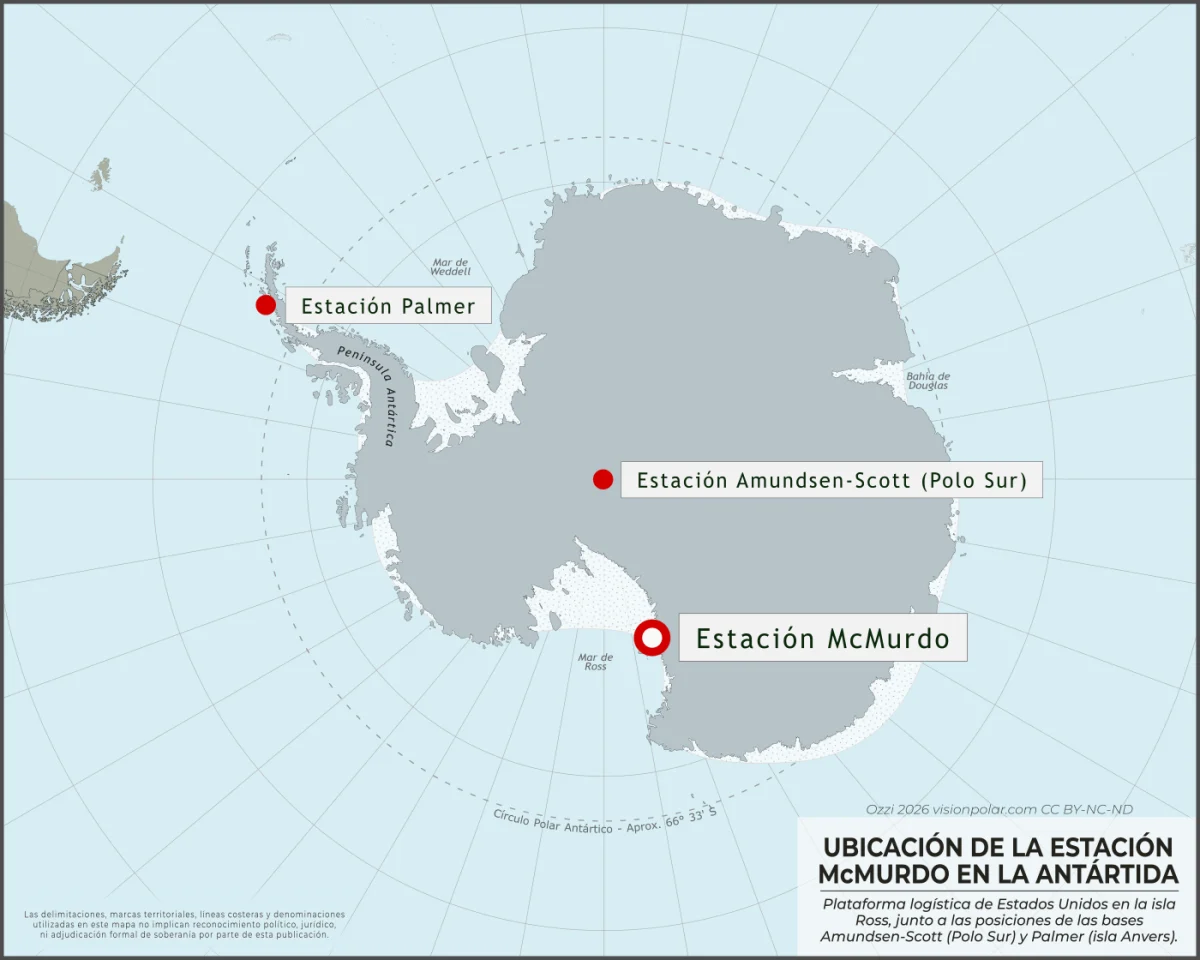 Mapa polar de la Antártida con la ubicación de la estación McMurdo en la isla Ross, junto a las bases Amundsen-Scott en el Polo Sur y Palmer en la isla Anvers.