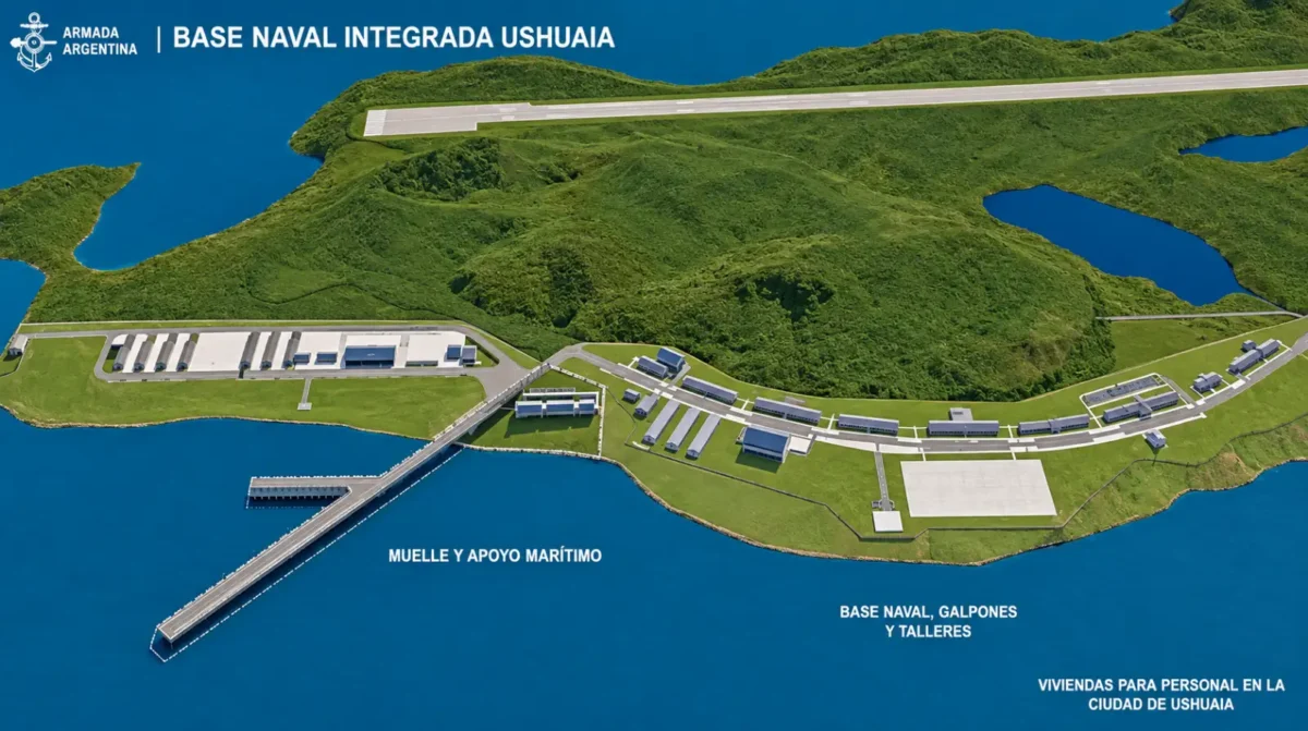 Recreación digital aérea del proyecto de la Base Naval Integrada de Ushuaia, con un muelle en forma de L que se adentra en el mar, galpones, talleres y edificios sobre la costa, y una pista de aterrizaje en la parte superior.