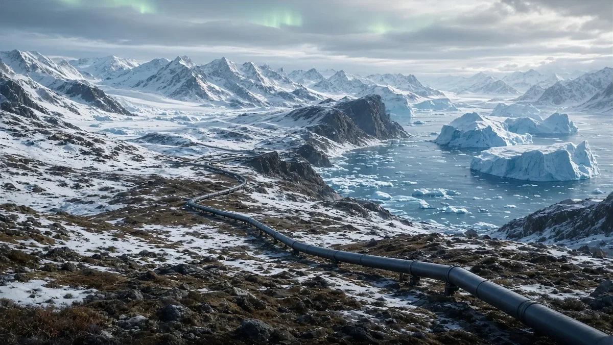 Ilustración de una tubería en un paisaje polar montañoso, con nieve e icebergs, alusiva a la exploración de recursos en Groenlandia.