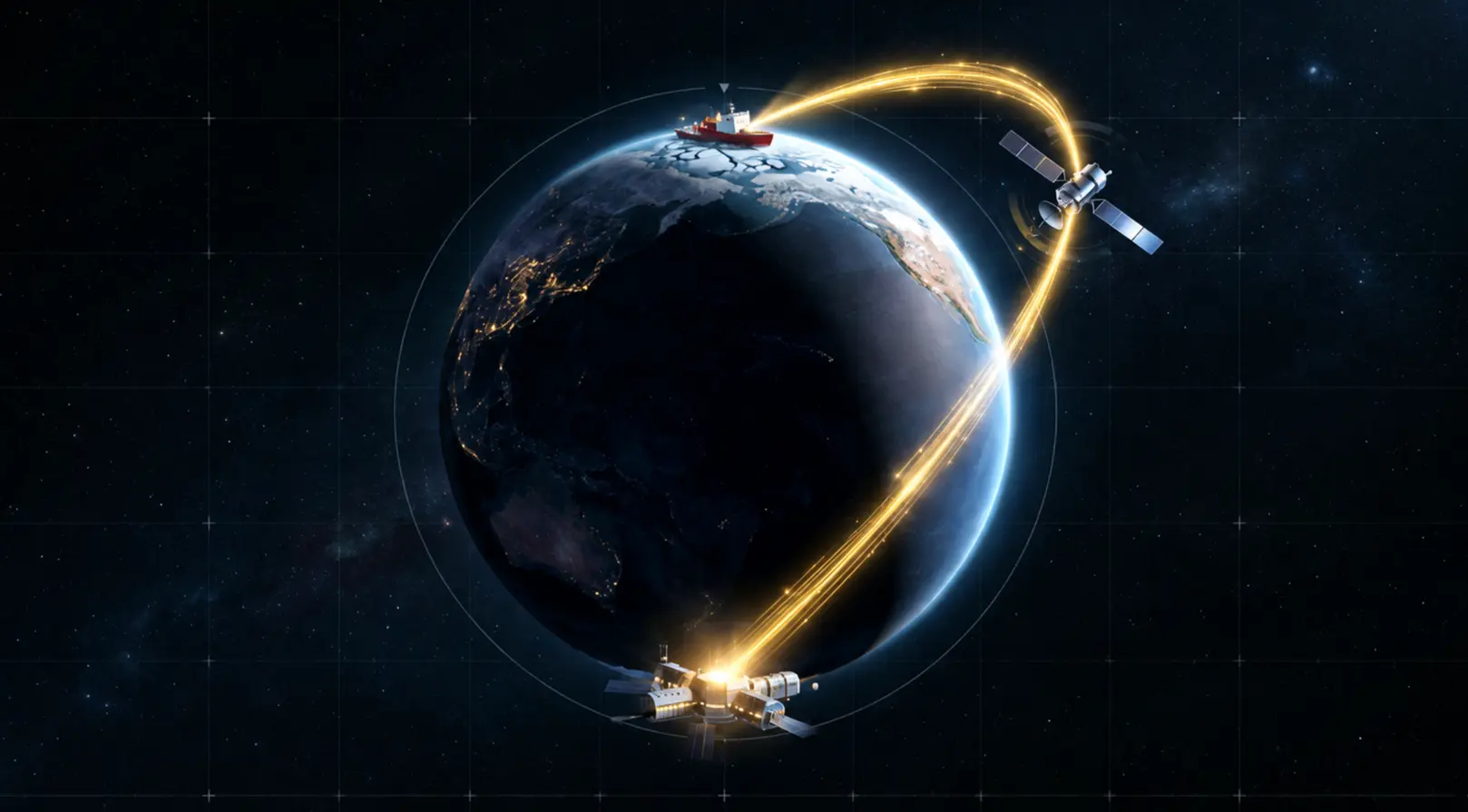 Ilustración de la Tierra con un rompehielos en el Ártico, un satélite en órbita y una base en la Antártida unidos por un haz de luz dorada.