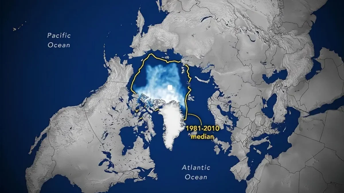 Mapa satelital del Ártico con la extensión del hielo marino en su mínimo del 12 de septiembre de 2026; una línea amarilla marca la mediana 1981-2010