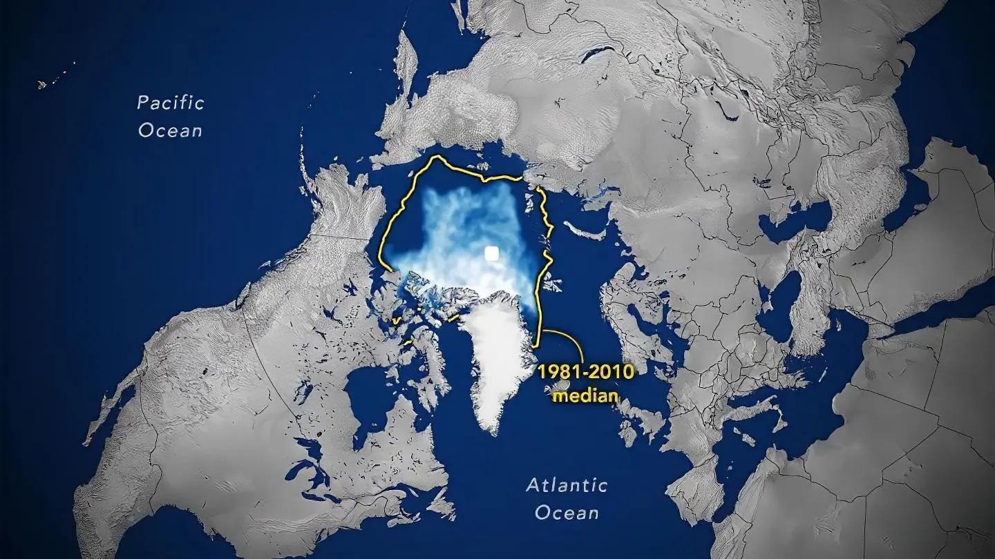 Mapa satelital del Ártico con la extensión del hielo marino en su mínimo del 12 de septiembre de 2026; una línea amarilla marca la mediana 1981-2010