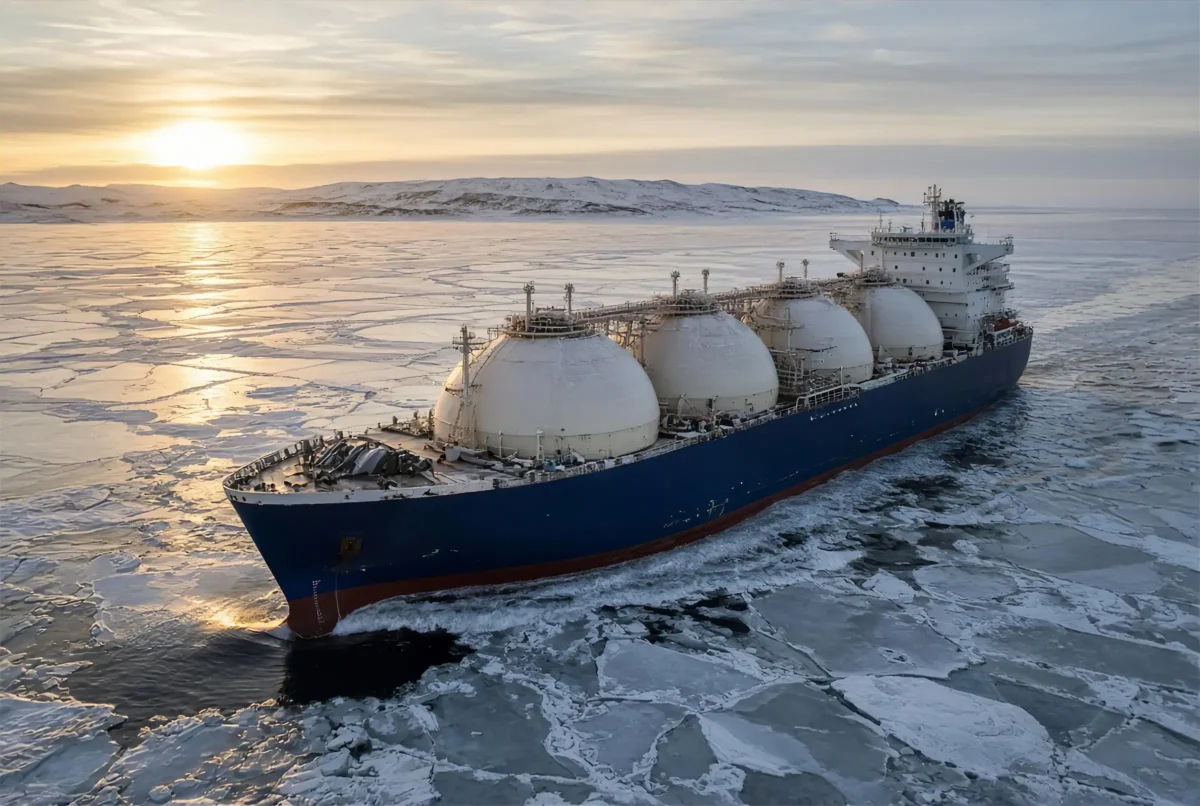Metanero de clase hielo con tanques esféricos de GNL navegando entre hielo marino en el Ártico, al atardecer, con costa nevada al fondo. Ilustración.