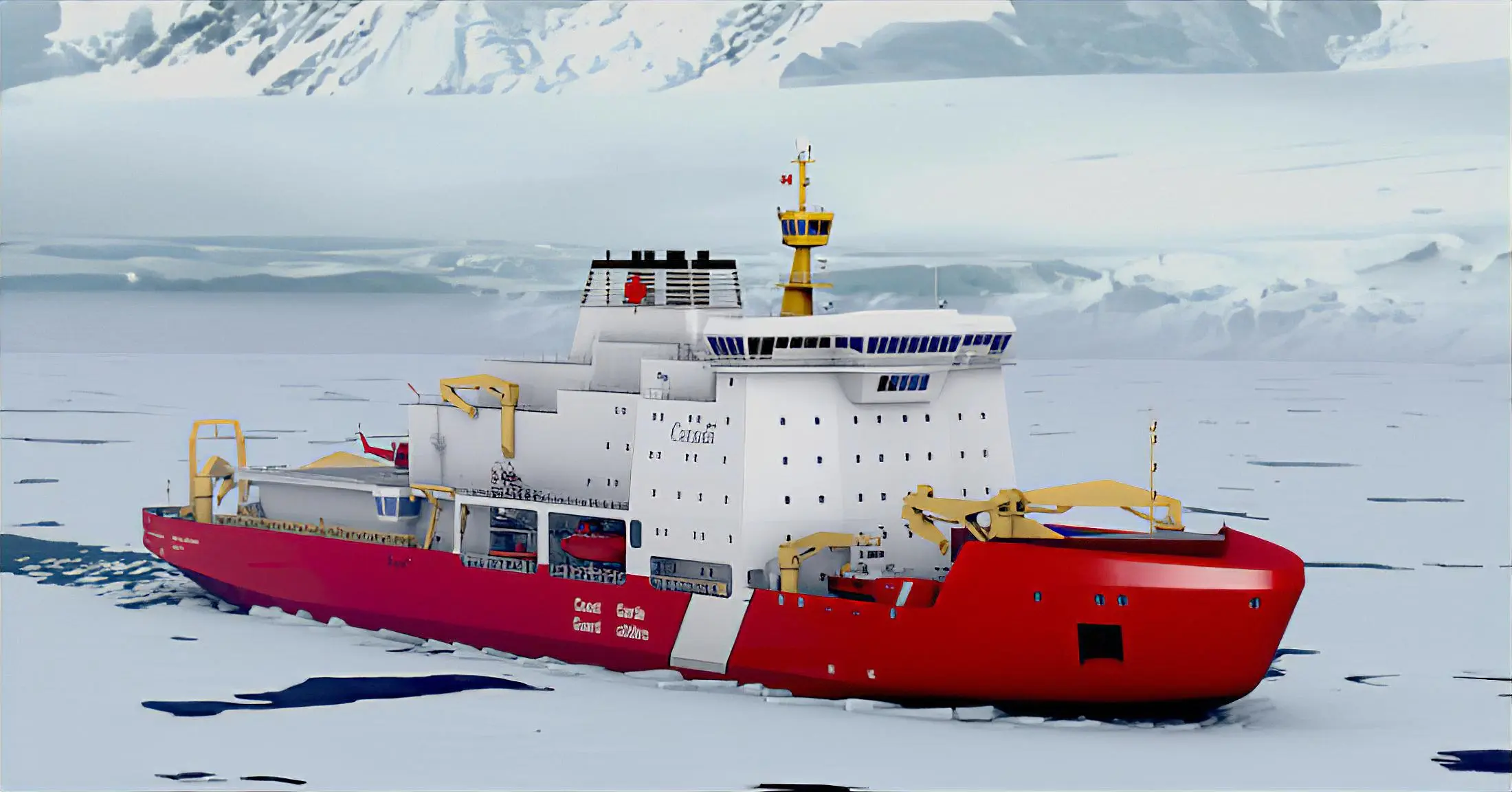 Ilustración digital de un rompehielos polar de casco rojo y superestructura blanca de la Guardia Costera Canadiense, navegando sobre hielo marino frente a montañas nevadas.
