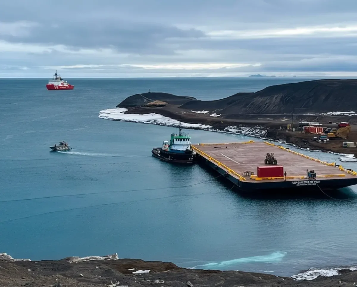 El rompehielos USCGC Polar Star fondeado frente a la costa de la isla Ross mientras un remolcador posiciona el muelle flotante NSF Discovery en la bahía Winter Quarters de la estación McMurdo.